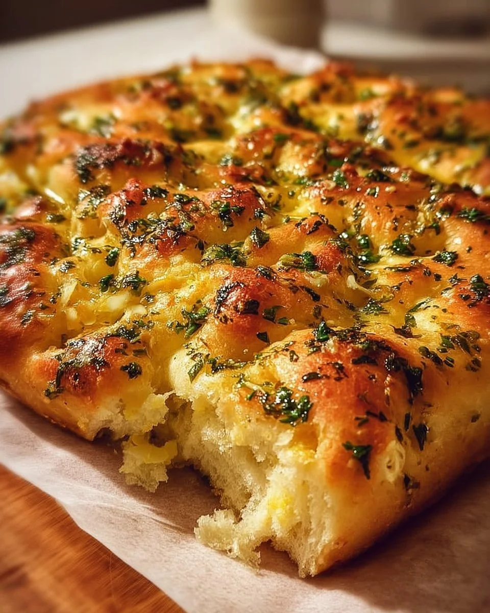 Freshly baked Italian garlic butter focaccia with herbs.