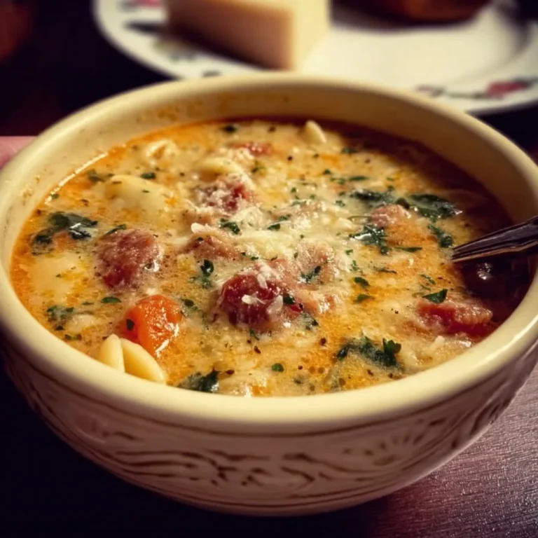 Bowl of flavorful Italian Sausage Pasta Soup with fresh herbs and ingredients