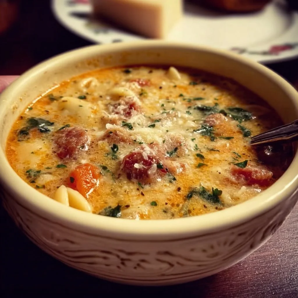 Bowl of flavorful Italian Sausage Pasta Soup with fresh herbs and ingredients