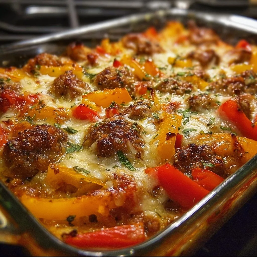 Delicious Italian Sausage Casserole with peppers served in a dish.