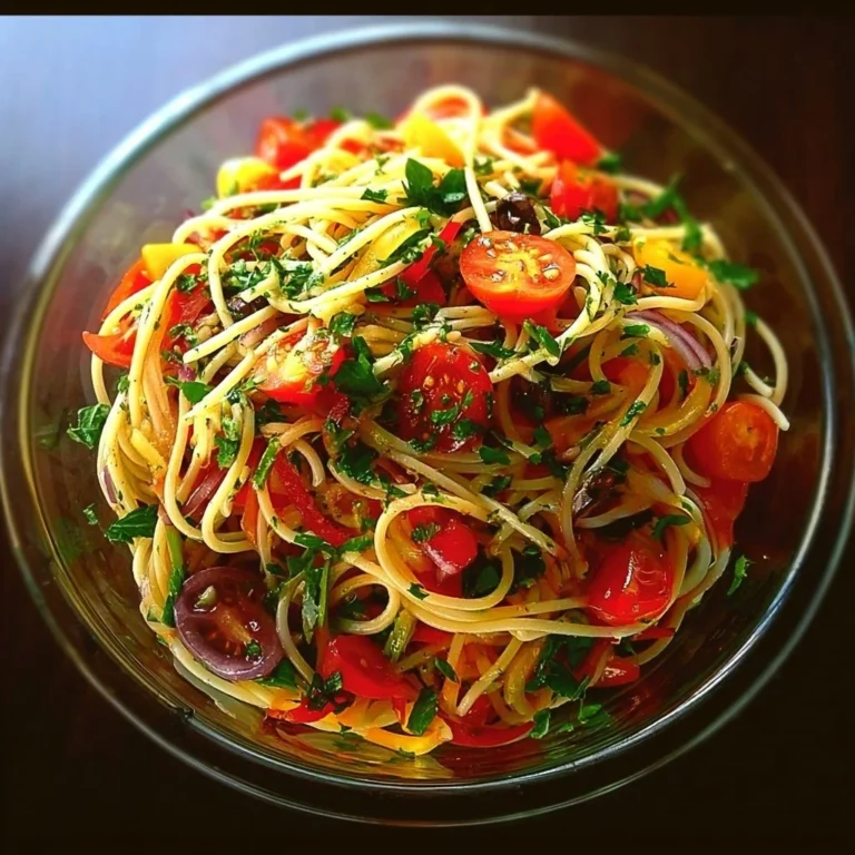Bowl of Italian Spaghetti Salad with fresh vegetables and dressing