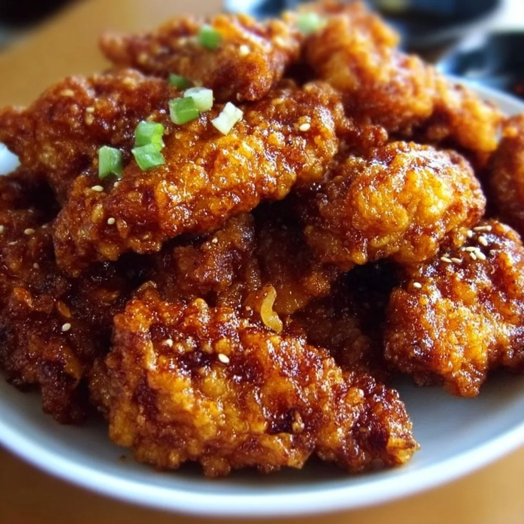 Delicious platter of crispy Korean Fried Chicken garnished with sesame seeds