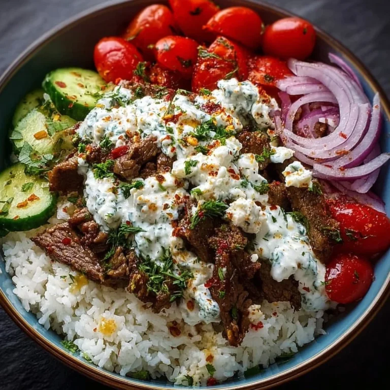 Delicious Lamb Gyro Bowl with tender lamb, fresh vegetables, and sauce