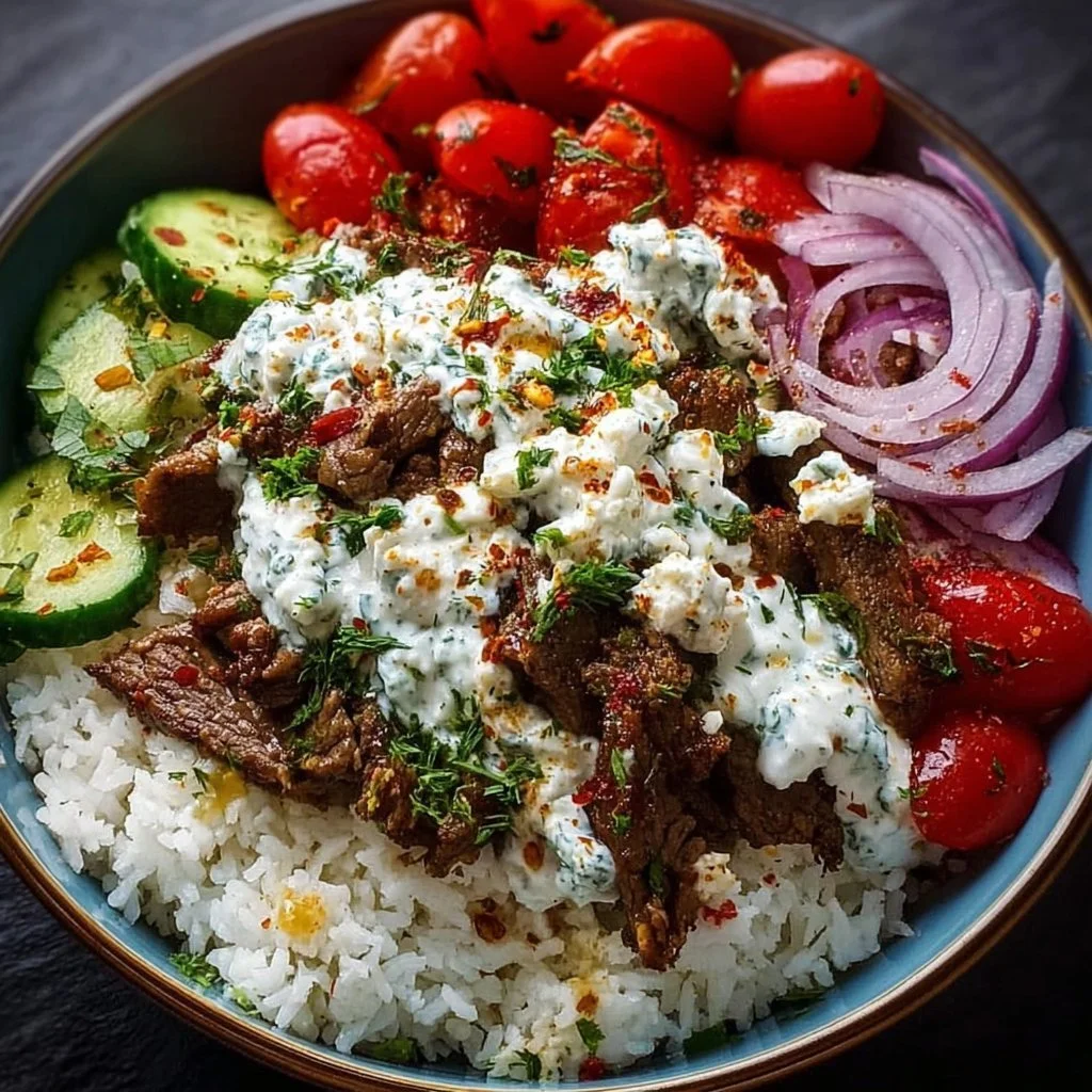 Delicious Lamb Gyro Bowl with tender lamb, fresh vegetables, and sauce
