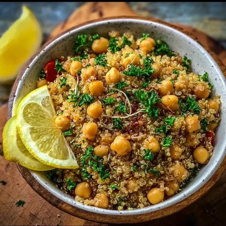 Bowl of Lemon Herb Quinoa with Chickpeas garnished with fresh herbs