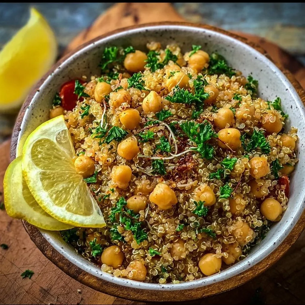 Bowl of Lemon Herb Quinoa with Chickpeas garnished with fresh herbs