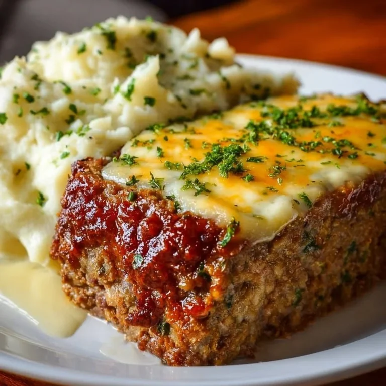 Delicious meatloaf served with creamy mashed potatoes and melted cheese