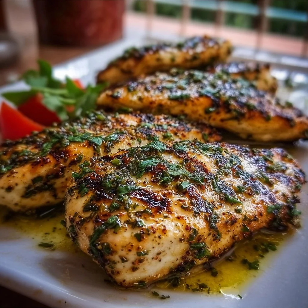 Mediterranean Herb Crusted Grilled Chicken on a platter garnished with herbs