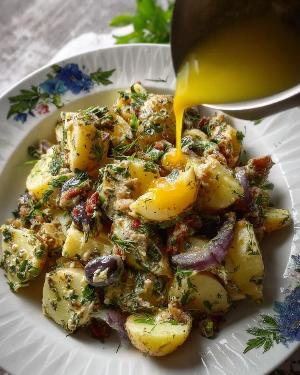 Colorful Mediterranean inspired potato salad with olives, tomatoes, and herbs