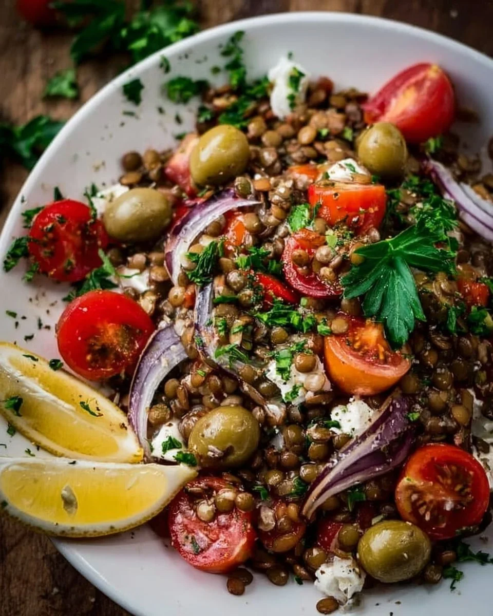 Mediterranean Lentil Salad with fresh vegetables and herbs