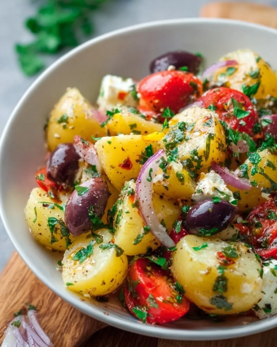 Mediterranean potato salad with fresh vegetables and herbs