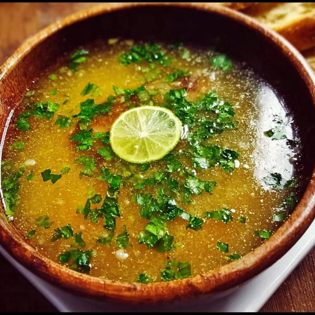 Bowl of flavorful Mexican Garlic Soup garnished with herbs and spices.