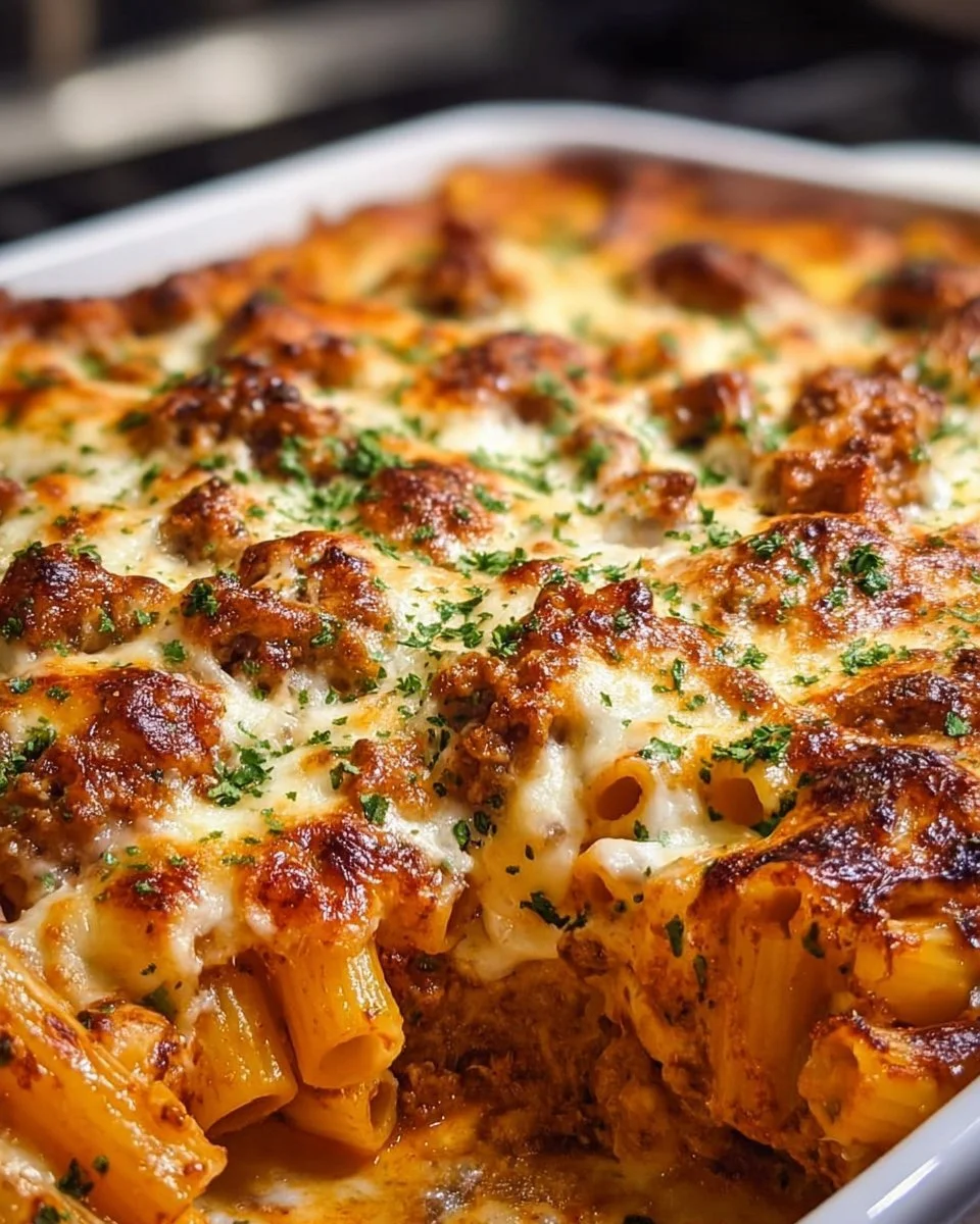 Deliciously cheesy Million Dollar Baked Ziti topped with melted mozzarella.
