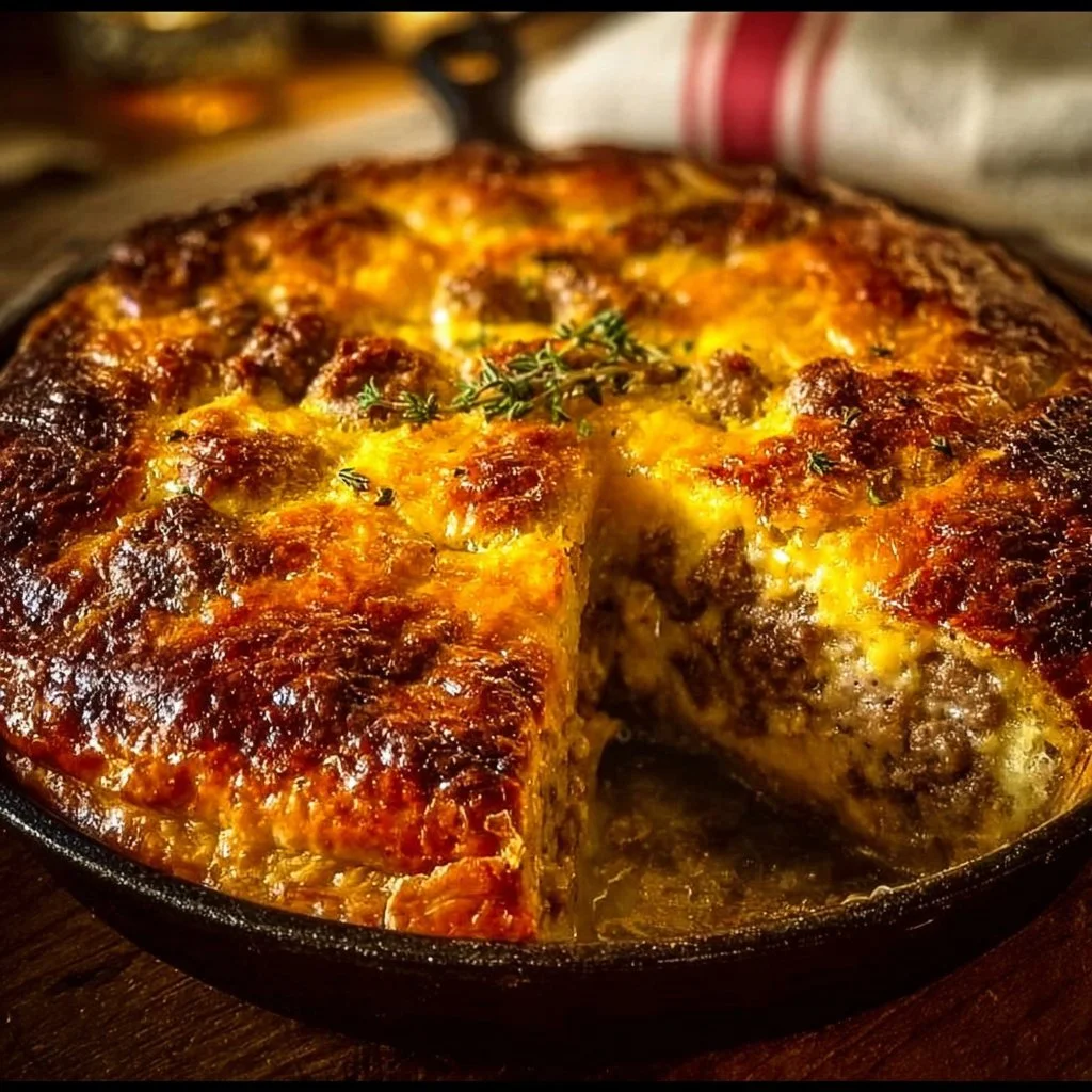 A savory Monterey Sausage Pie, golden brown and served with herbs.
