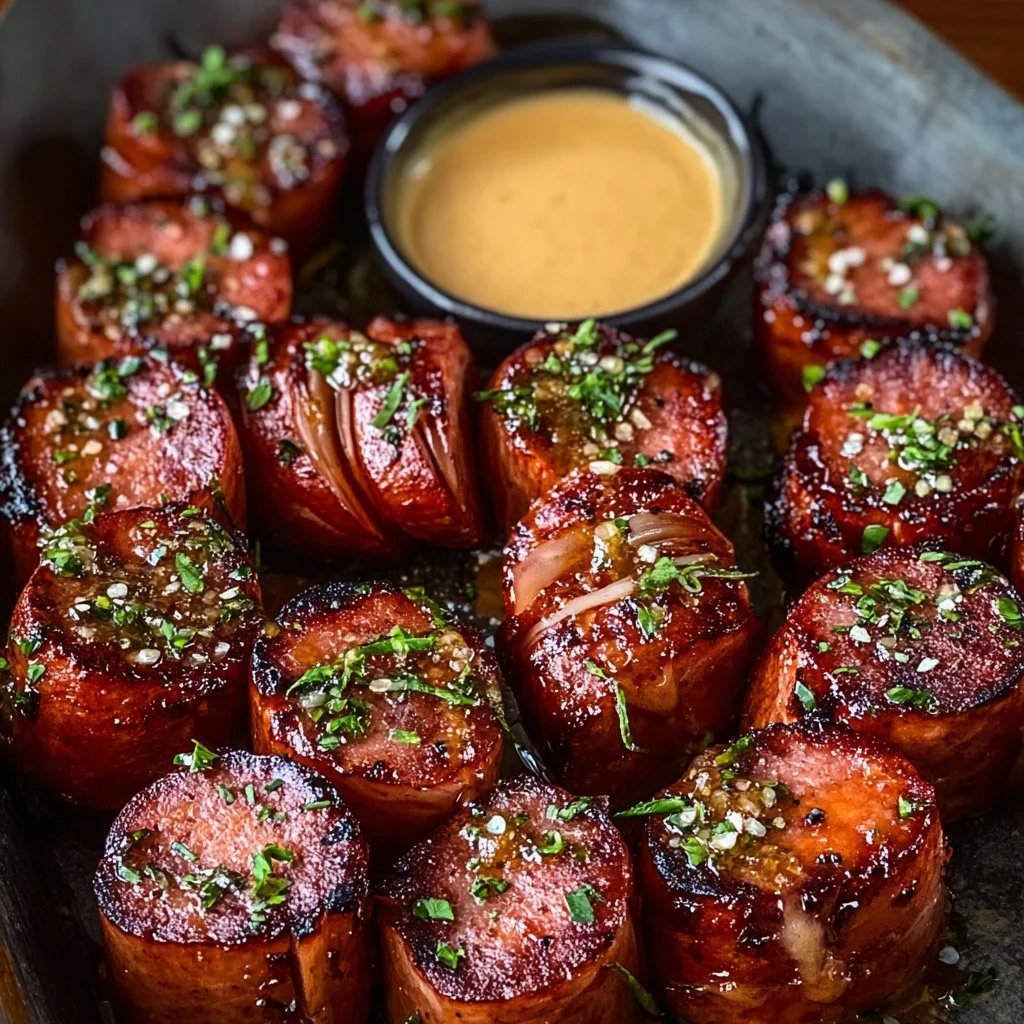 Mustard Hasselback Kielbasa Bites