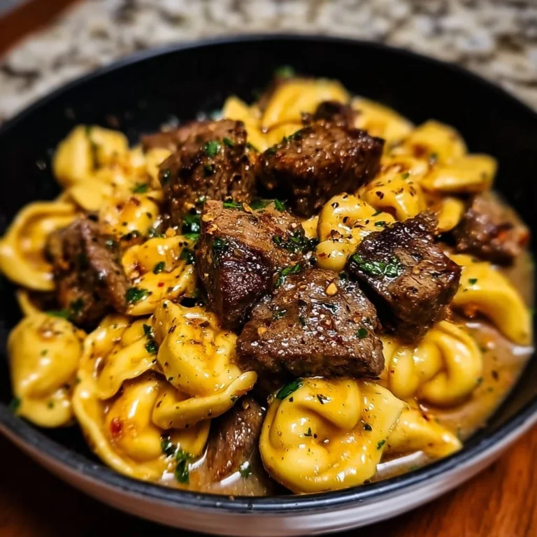 One-Pan Cowboy Butter Tortellini with Steak Bites served on a plate