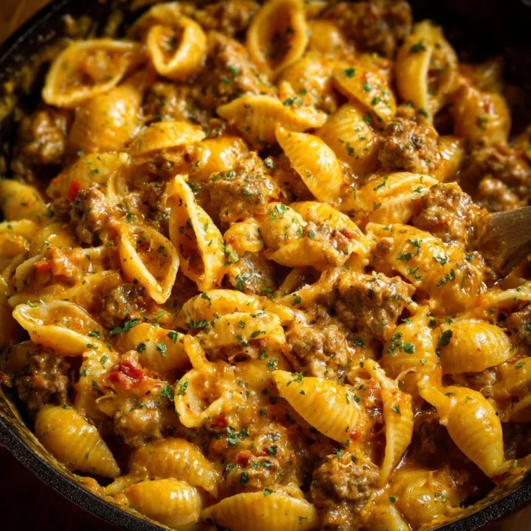 One pot cheesy Italian sausage and shells recipe with creamy sauce and tender pasta.