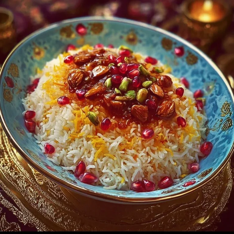 A colorful bowl of Persian jeweled rice adorned with nuts, fruits, and spices.