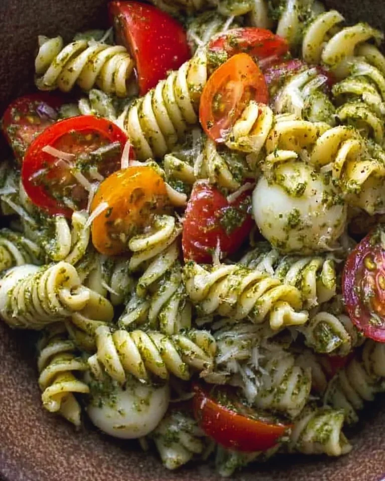 Pesto pasta salad with fresh tomatoes and mozzarella cheese in a bowl