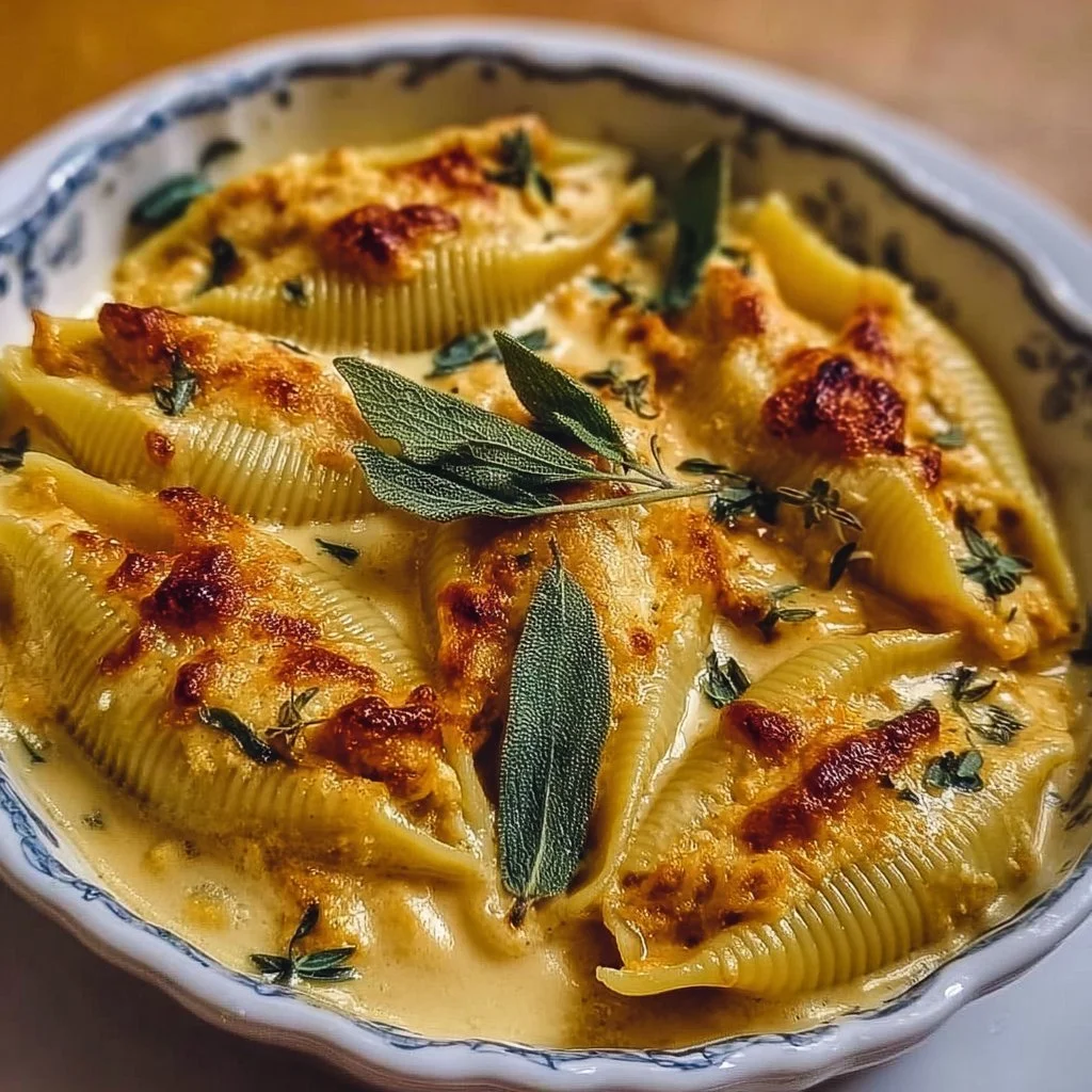 Delicious Pumpkin Gouda Stuffed Shells in creamy Brown Butter Sage Alfredo Sauce