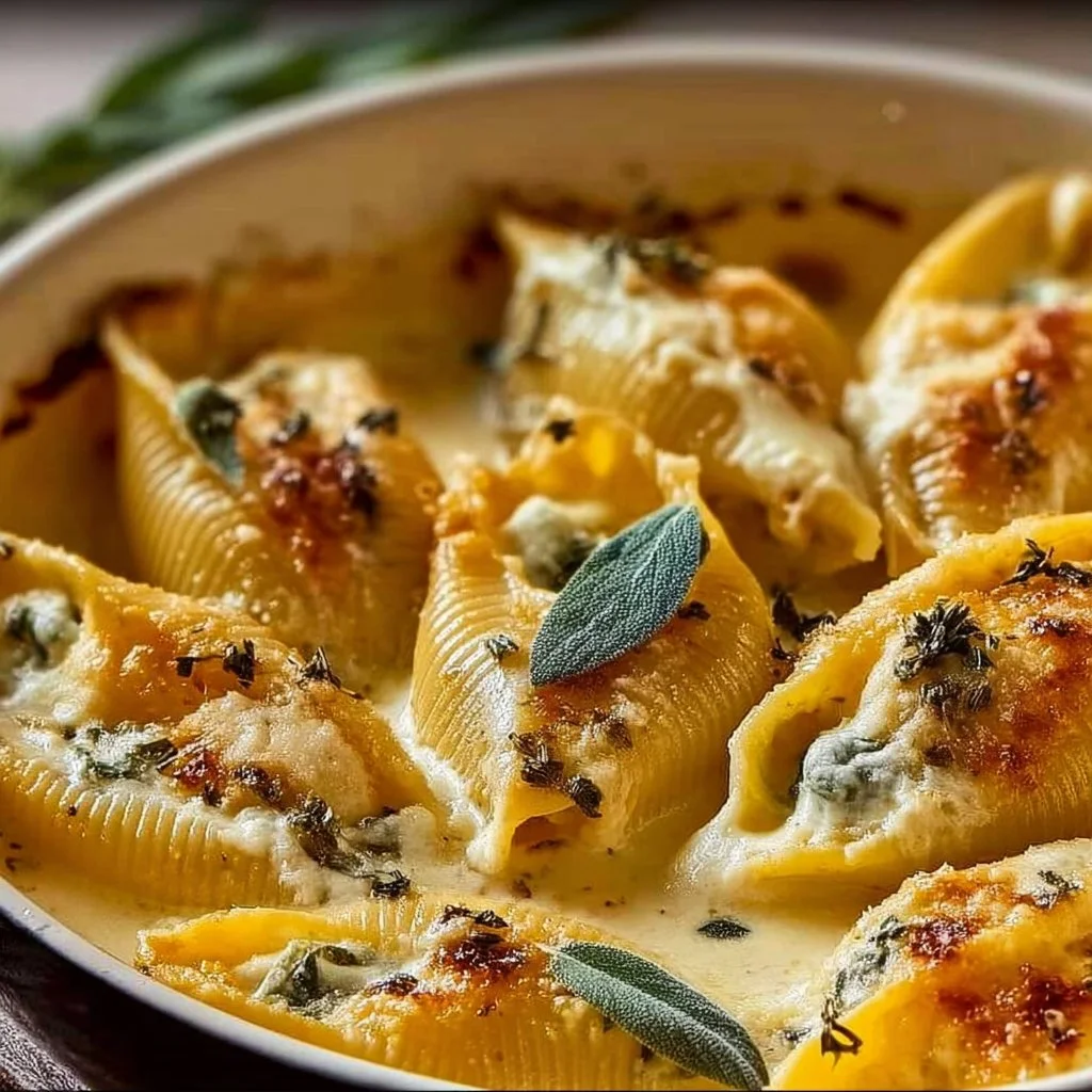 Pumpkin Gouda Stuffed Shells in Brown Butter Sage Alfredo Sauce