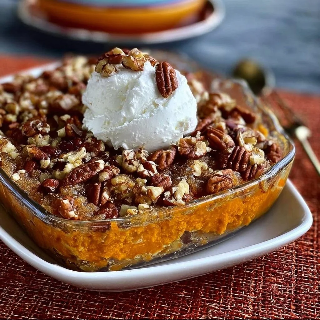 Delicious Southern sweet potato casserole topped with marshmallows and pecans
