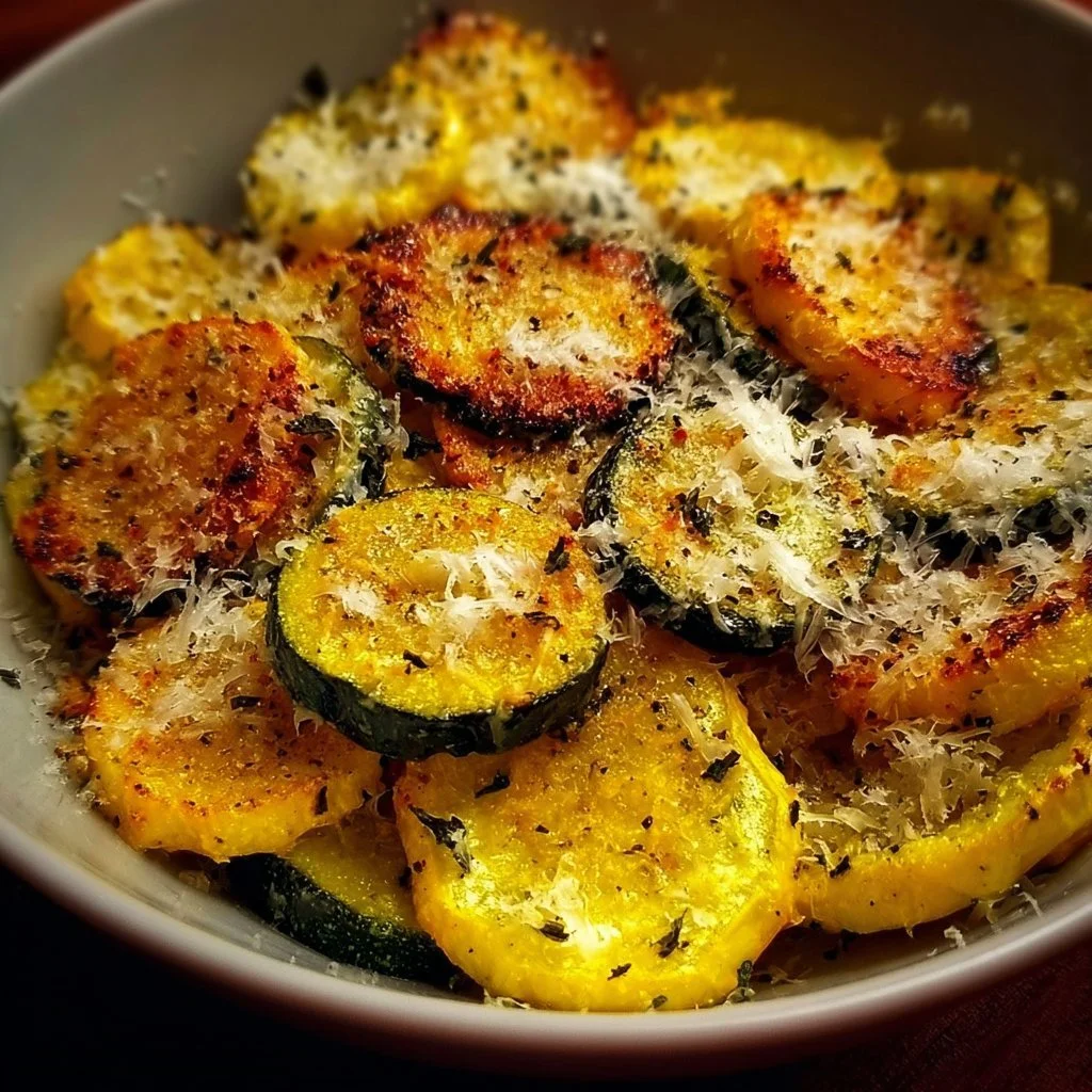 Plate of roasted summer squash sprinkled with Parmesan cheese.