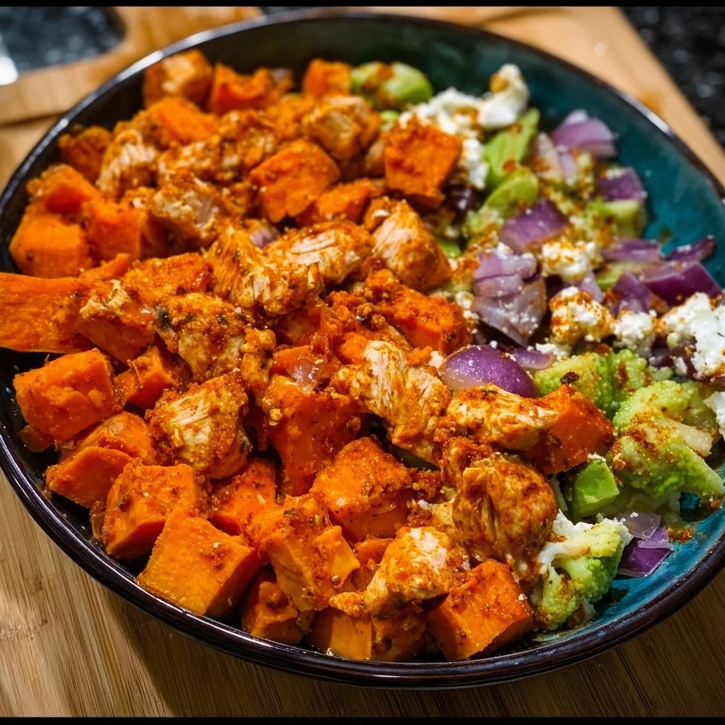 Sheet pan Buffalo chicken and sweet potato bowl ready to be served.
