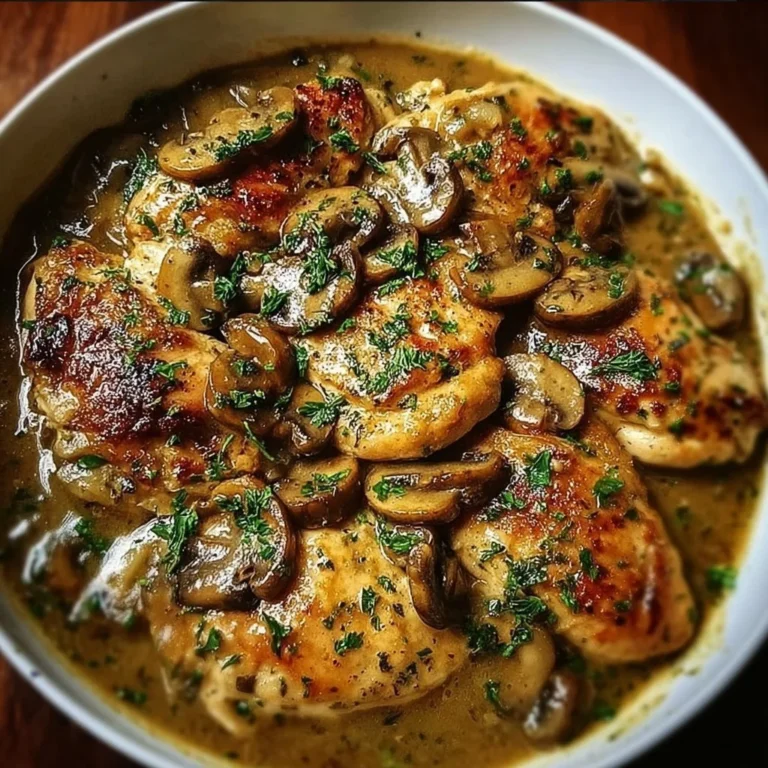 Delicious Chicken Marsala served with mushrooms and herbs in a rich sauce