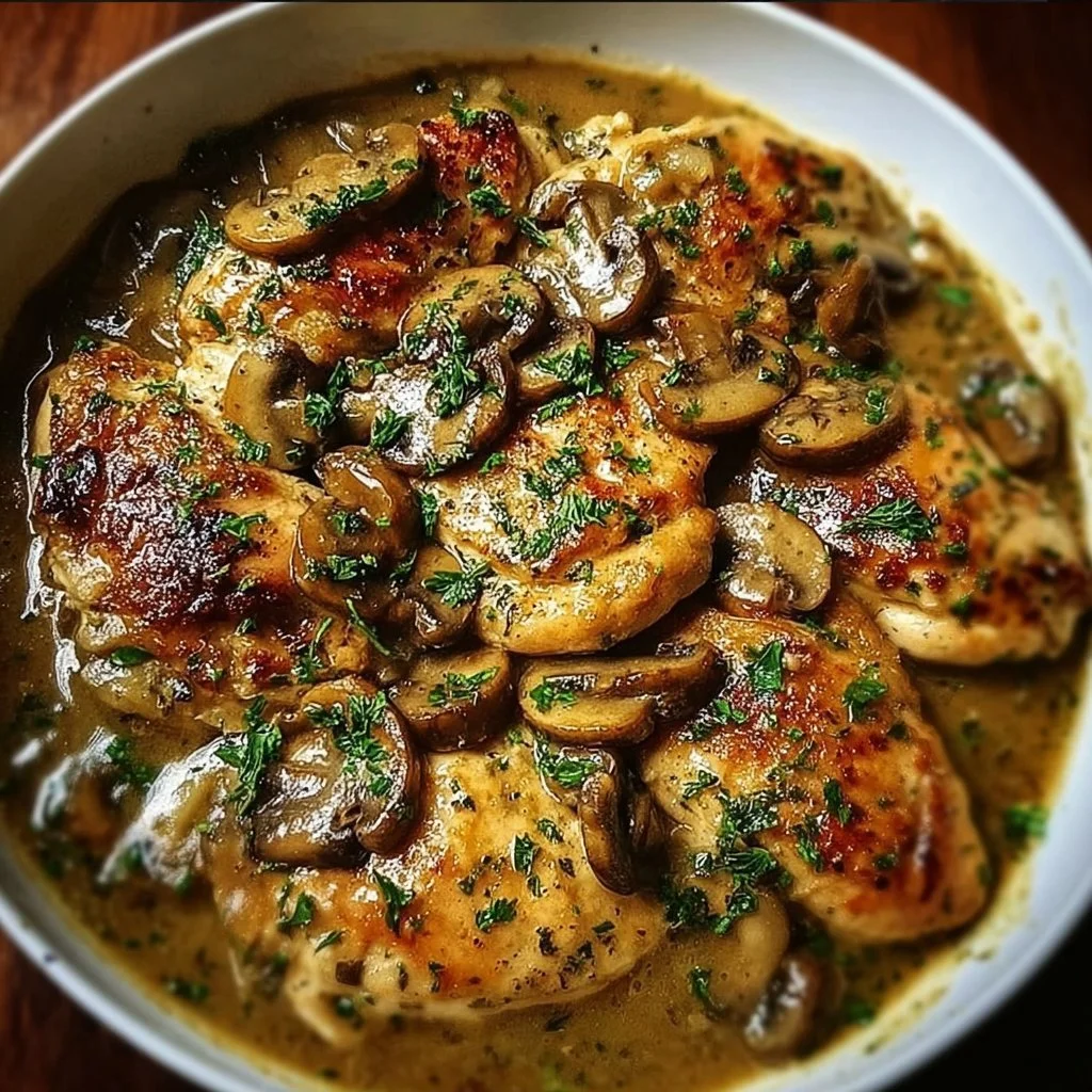 Delicious Chicken Marsala served with mushrooms and herbs in a rich sauce