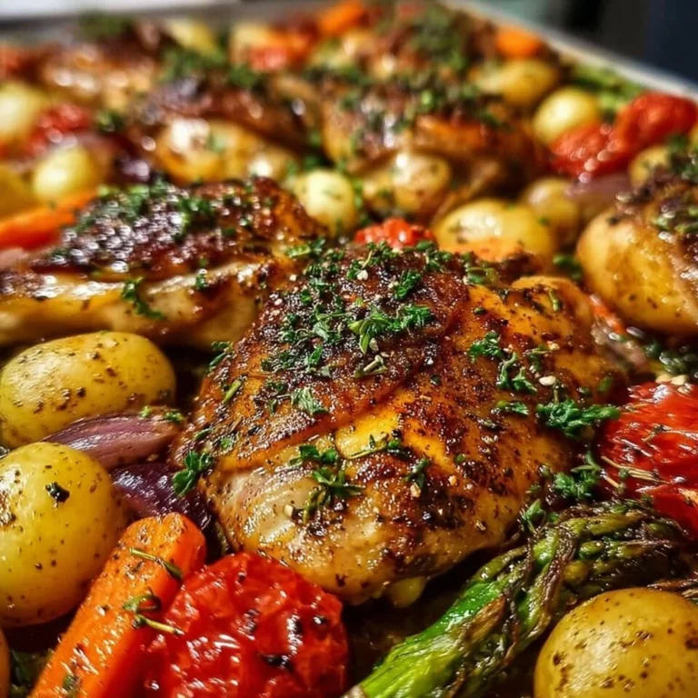 Sheet pan balsamic chicken with colorful veggies ready to be served.