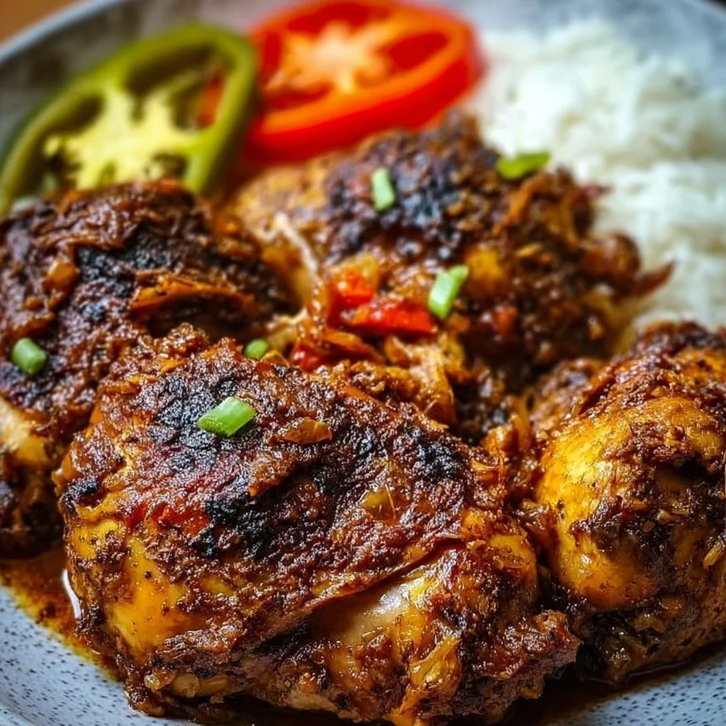 Delicious slow cooker jerk chicken served with rice and vegetables