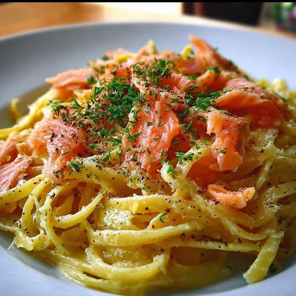Delicious smoked salmon carbonara served on a plate with fresh herbs