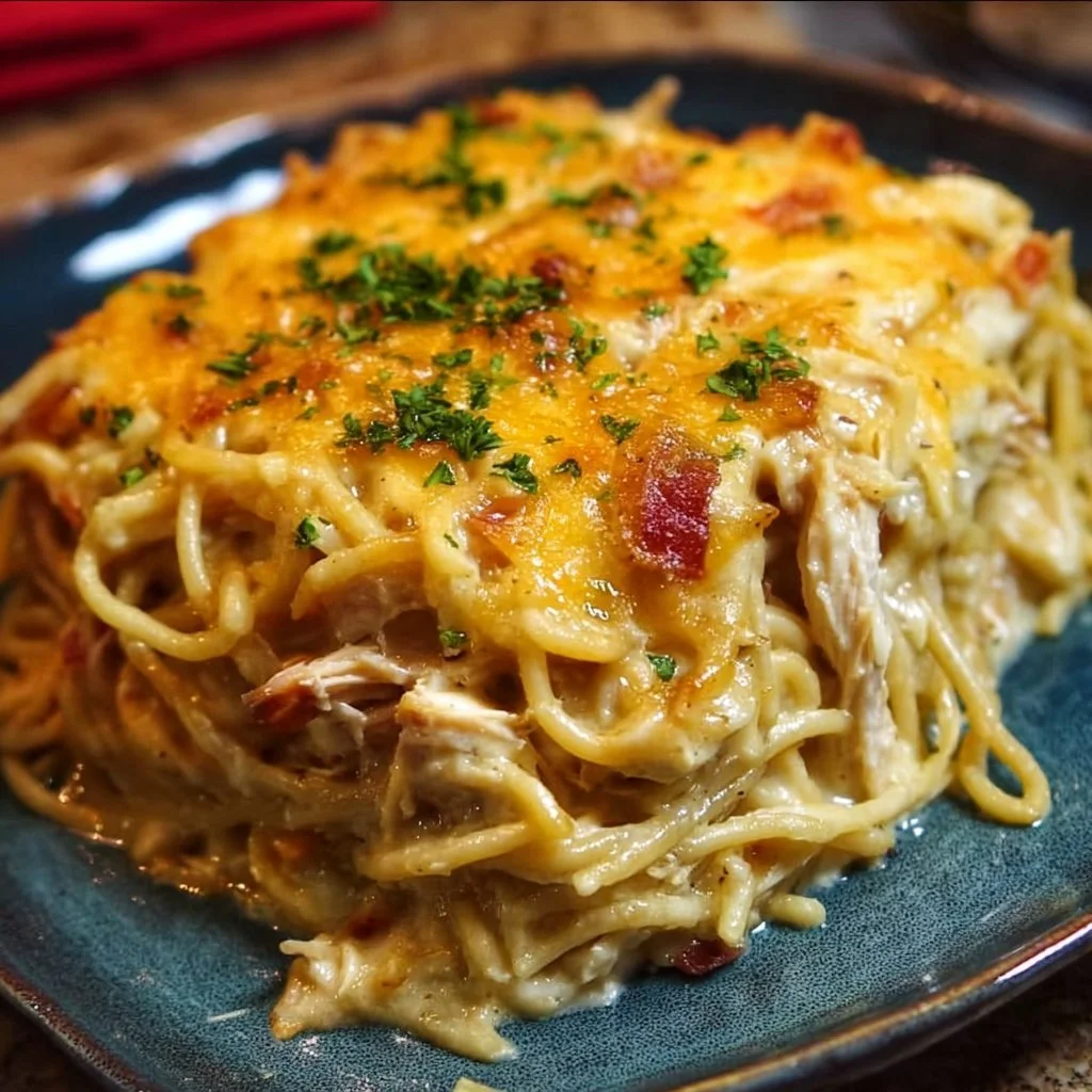Southern-Style Chicken Spaghetti Casserole topped with cheese and herbs