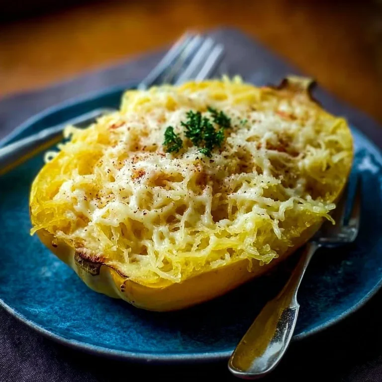 Creamy Spaghetti Squash Alfredo served with fresh herbs and parmesan cheese