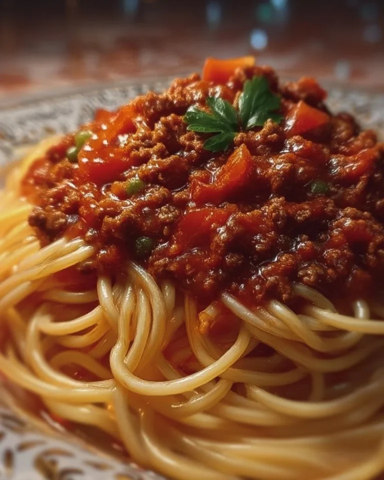 A delicious plate of spaghetti topped with rich meat sauce and herbs.