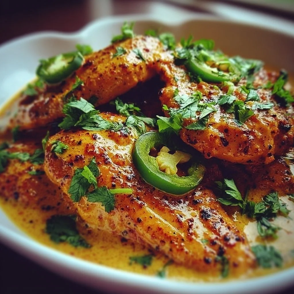 Spicy jalapeno chicken served with fresh herbs and chili peppers