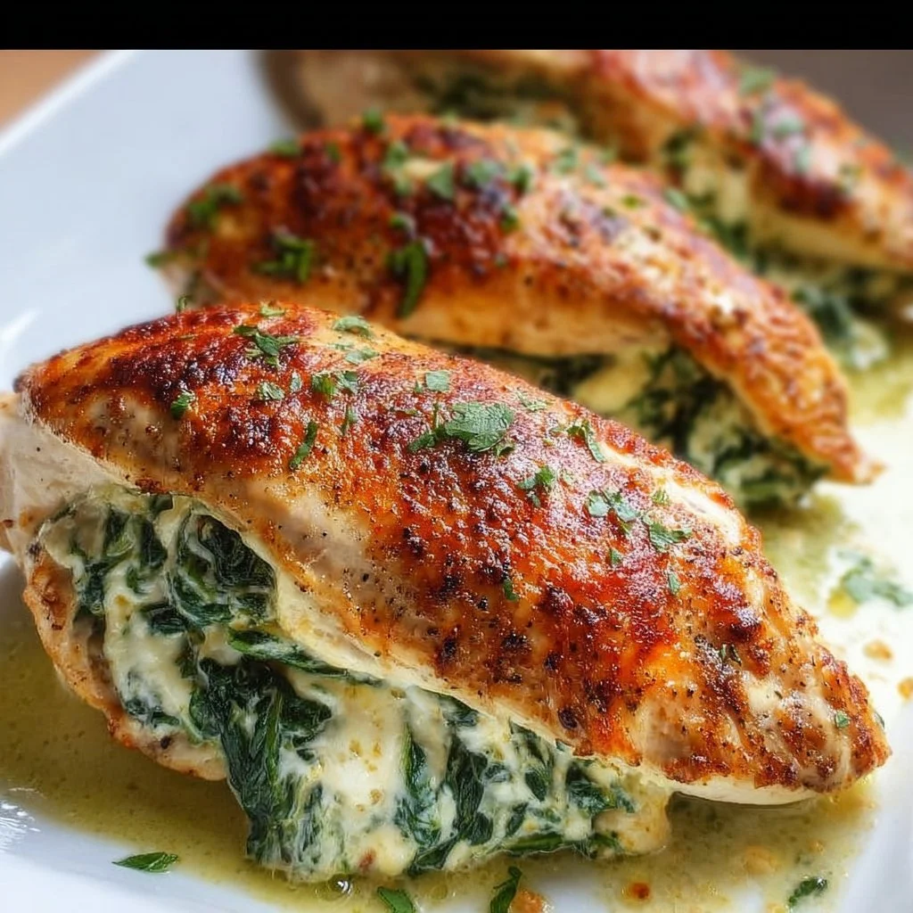 Spinach stuffed chicken breasts filled with a creamy spinach and cheese mixture