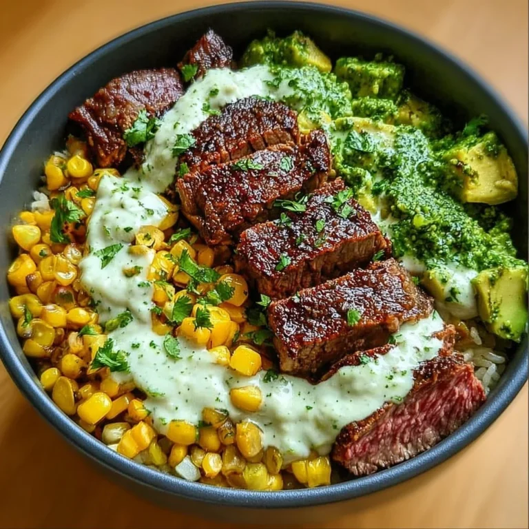 Steak Avocado Roasted Corn Bowl with cilantro cream sauce