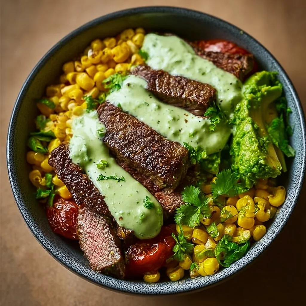 Steak Avocado Roasted Corn Bowl with Cilantro Cream Sauce