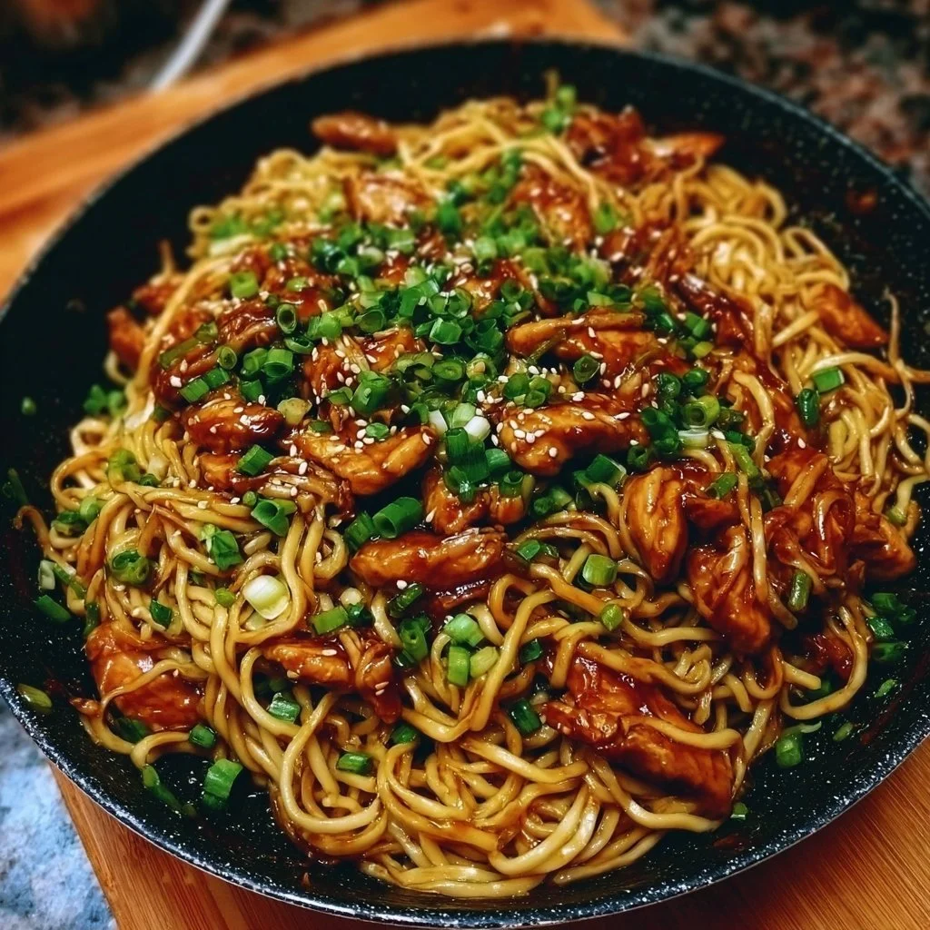 Delicious Sticky Garlic Chicken Noodles served in a bowl