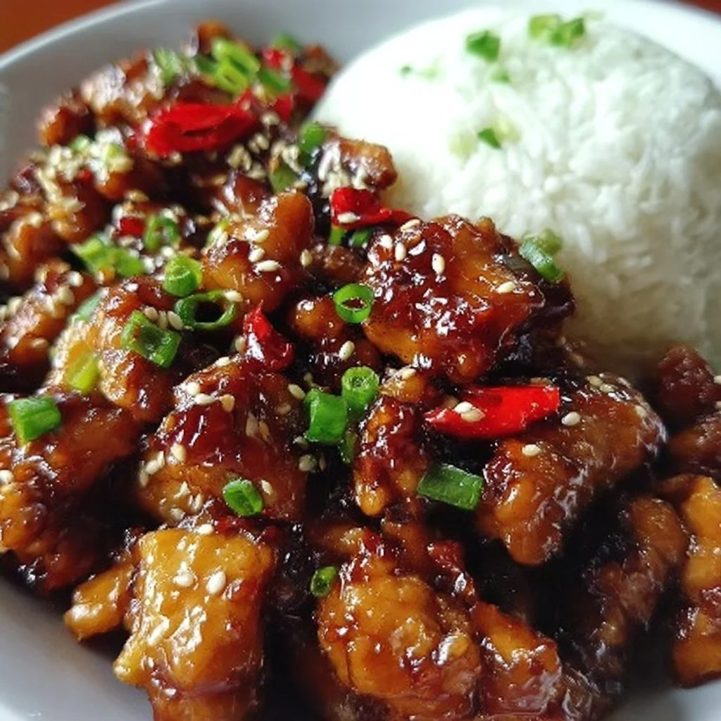 Delicious sticky sweet chili chicken served with vibrant vegetables