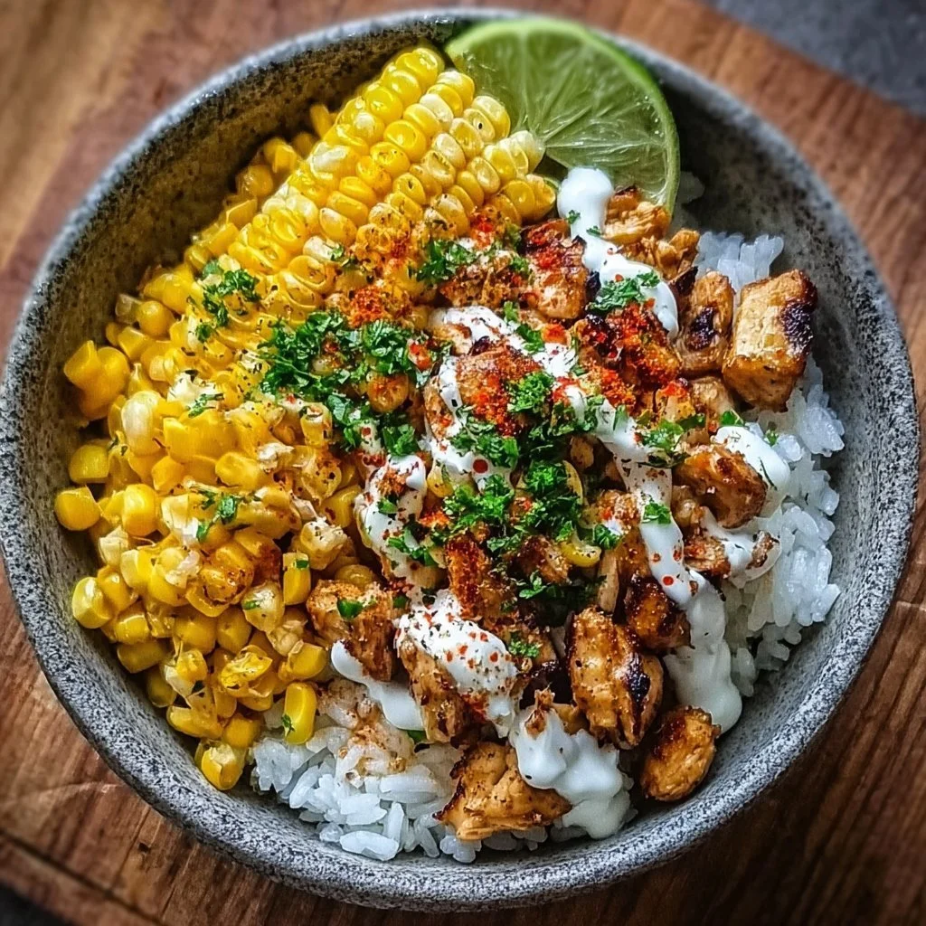 Delicious Street Corn Chicken Rice Bowl with tender chicken and vibrant corn