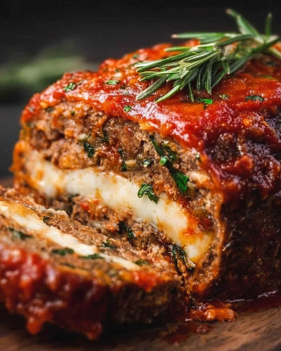Delicious stuffed Italian meatloaf with herbs and cheese