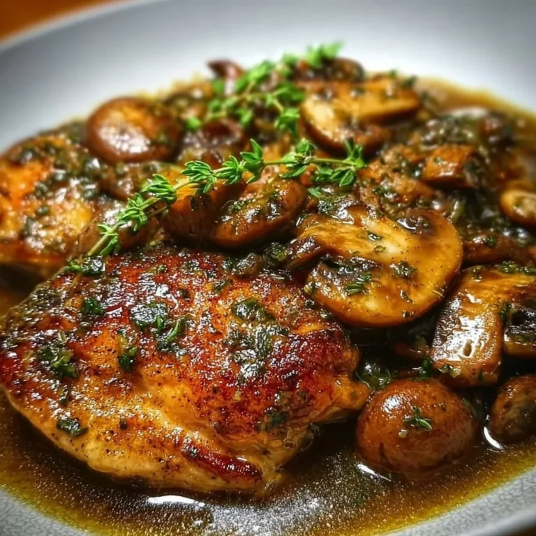 Plate of succulent Chicken Marsala with mushrooms and herbs