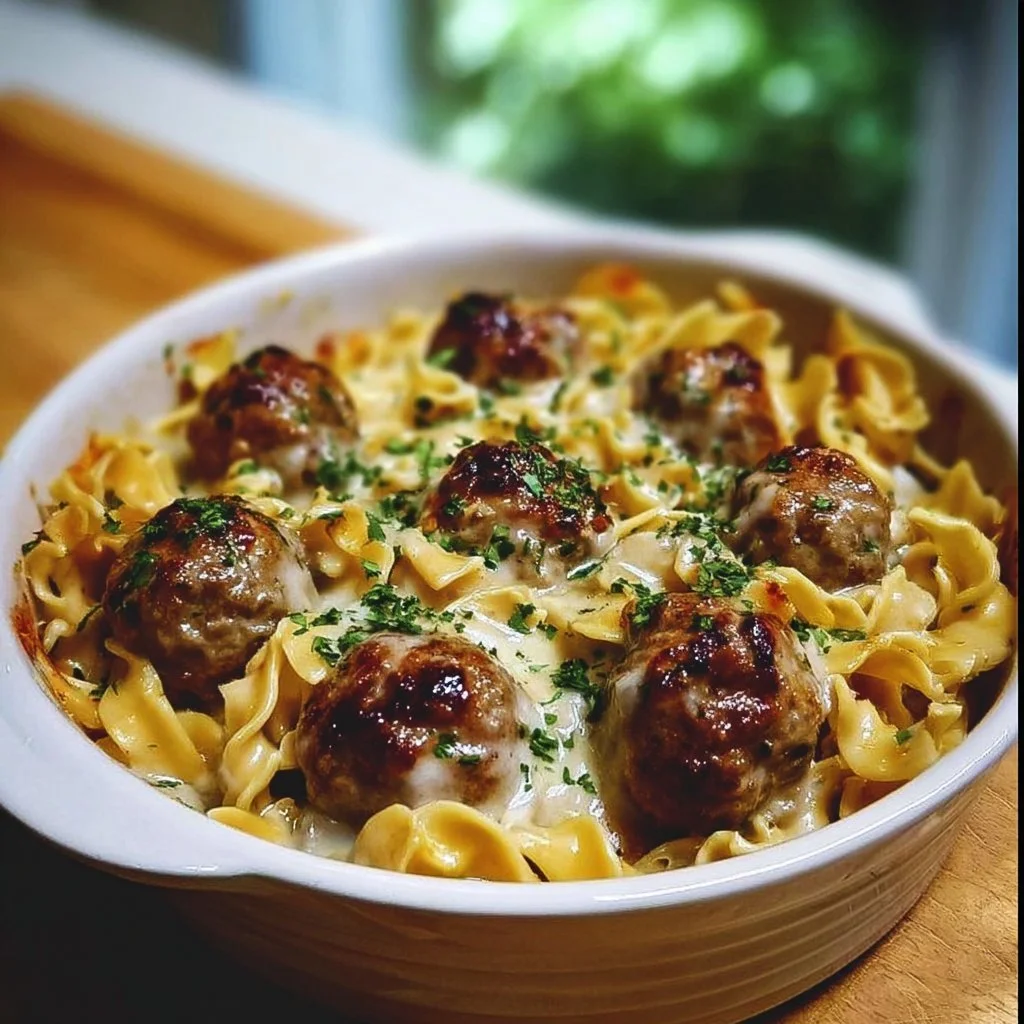 Delicious Swedish meatball noodle bake served on a plate
