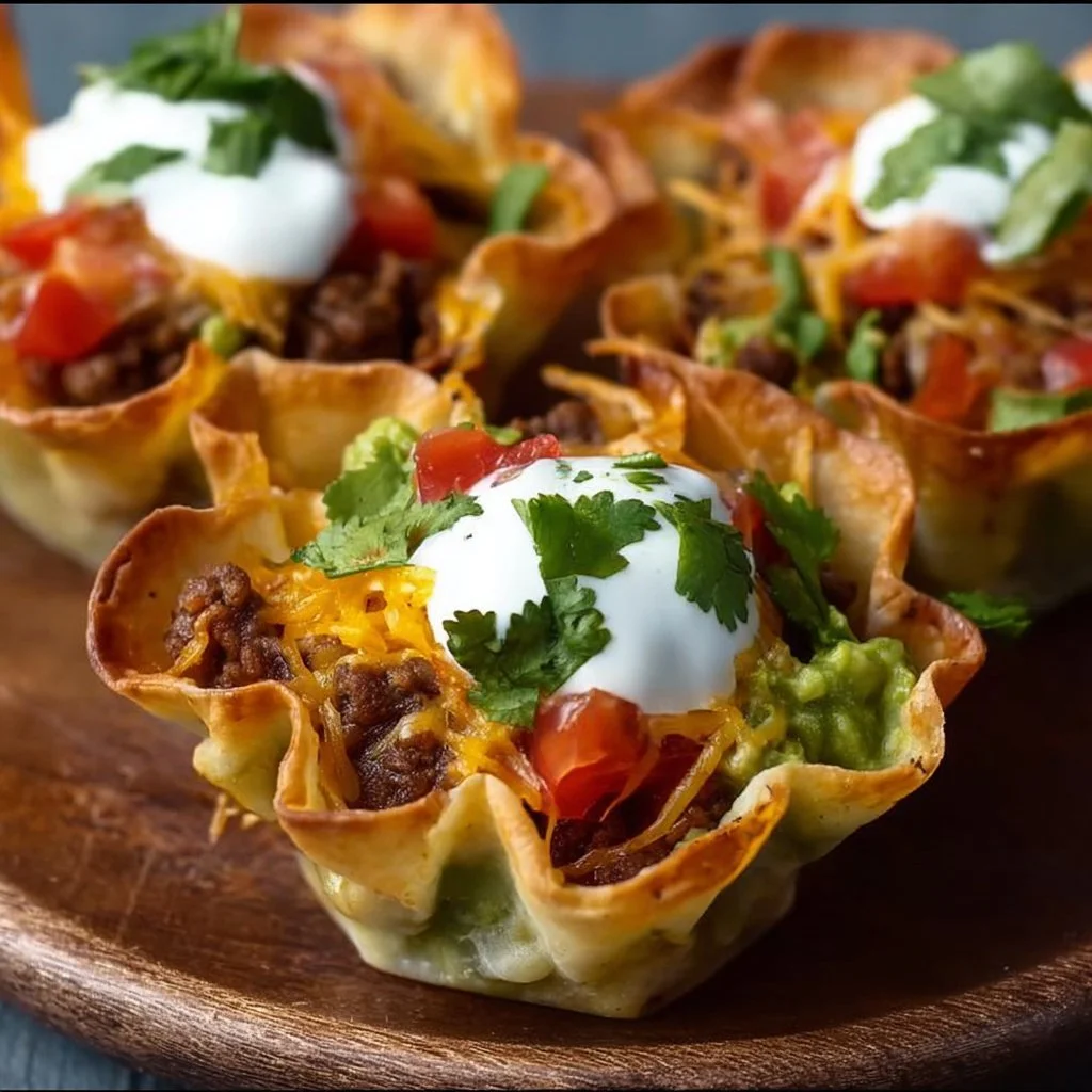 Delicious taco cups filled with meat, cheese, and fresh toppings served on a plate.
