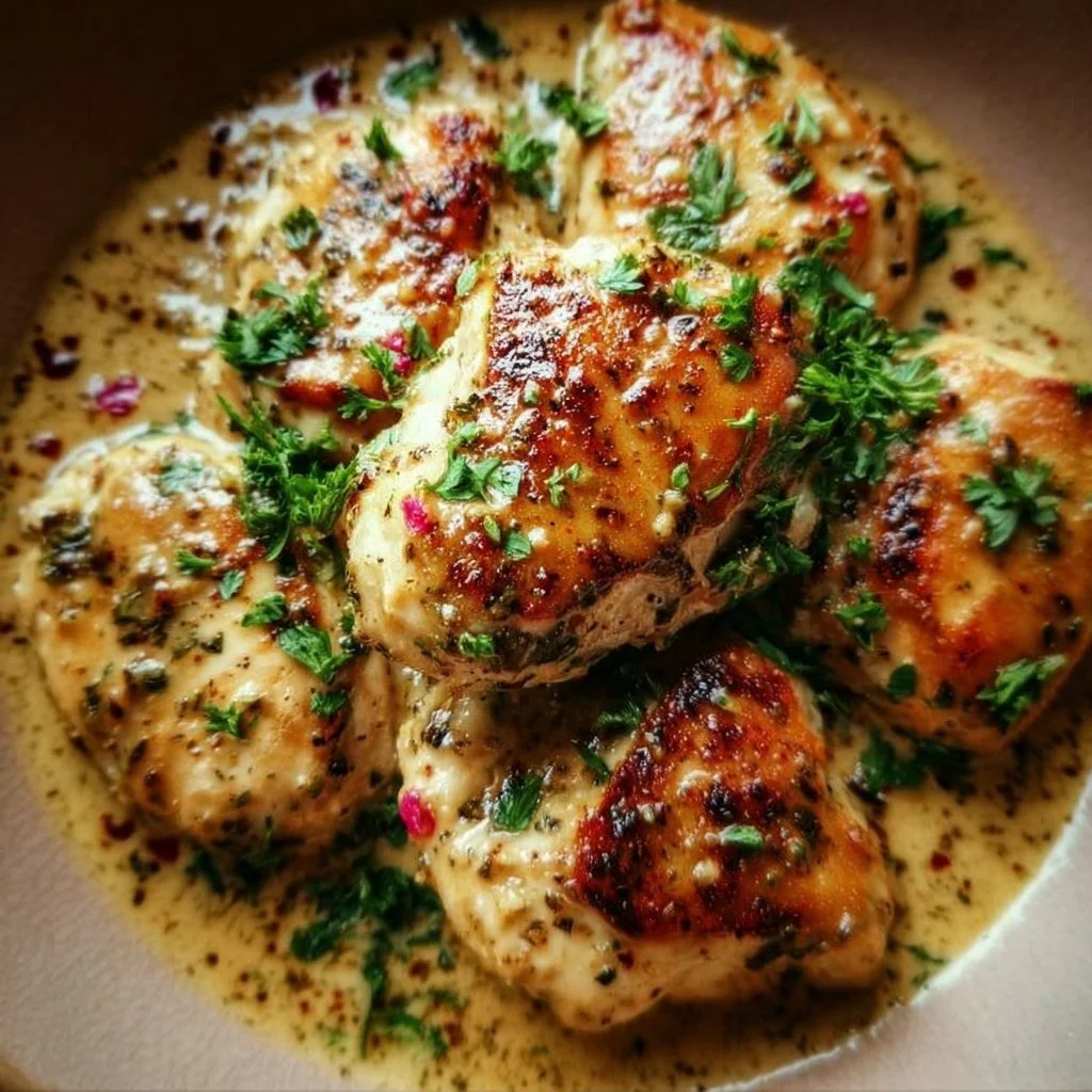 Delicious tahini chicken garnished with herbs