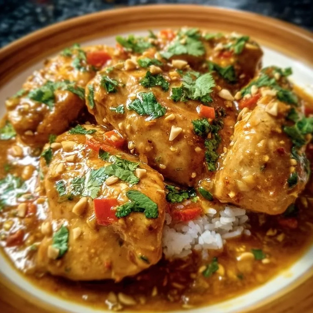 Plate of Thai Peanut Chicken with garnishes