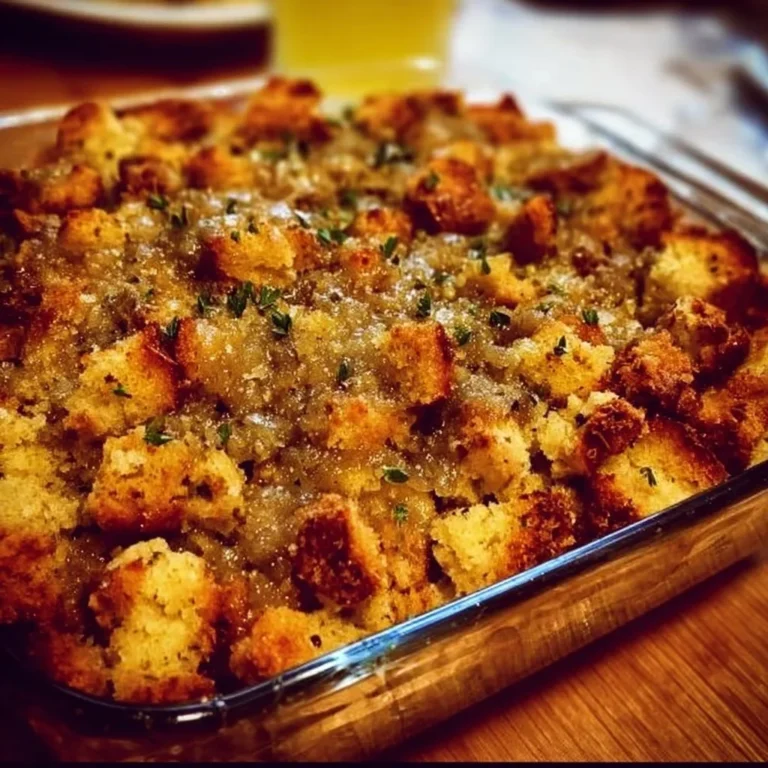 Delicious Thanksgiving dressing served in a beautiful dish.